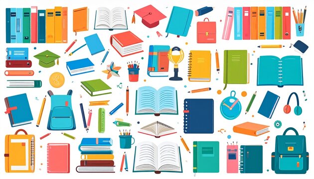Colorful flat icon set of school and education elements. Includes books, stationery, backpack, and graduation symbols isolated on a white background - Powered by Adobe