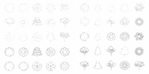 Collection of various tree icons and symbols in a top down view and side view for architectural design