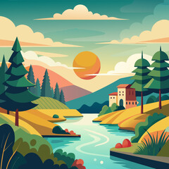 Stunning minimalist landscape with sunset over hills and river, perfect for travel posters or inspiring nature backgrounds, evokes peace and tranquility, ideal for creative projects