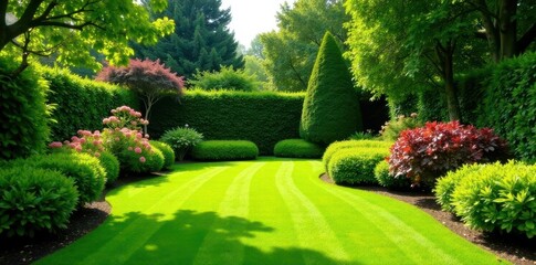 Fototapeta premium Neatly manicured lawn, diverse shrubs, garden panorama, landscape, rural