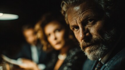 Obraz premium Intense gaze of a man with a beard in a dimly lit room.