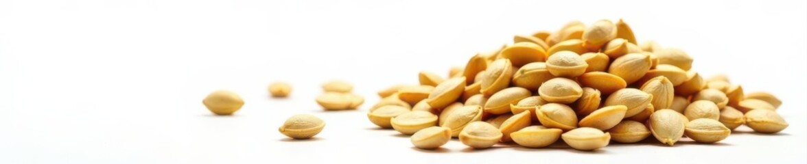 Pile of hulled sunflower seeds, pure white background, hulled, photography