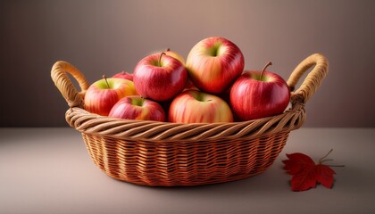 Freshly Harvested Apples Displayed In A Rustic Basket On A Minimal Backdrop For Fall Themed Collections And Culinary Imagery