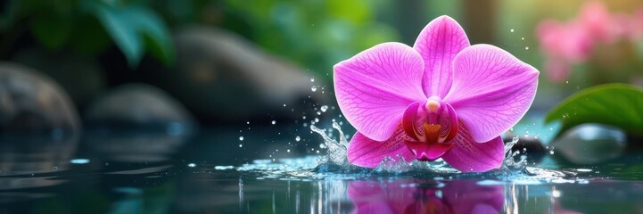 Fototapeta premium Pink orchid blossoms, bursting water explosion Colorful, lively botanical art , nature, spring