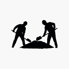 Two construction workers silhouettes digging dirt with shovels on white background vector