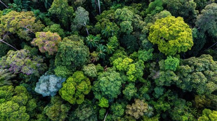 An aerial view showcasing a lush forest canopy, revealing varying textures & shades of green, creating a dense, vibrant natural mosaic