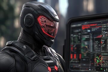 A futuristic armored figure with a digital helmet stands next to a high-tech control panel, suggesting advanced technology and cybernetic themes.