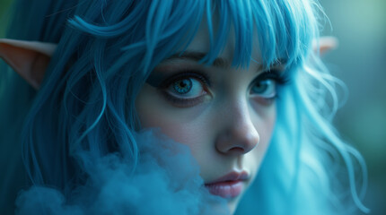 A fairy-tale portrait of an elf maiden with blue hair and delicate facial features, surrounded by mist, creates an atmosphere of mystery and fantasy