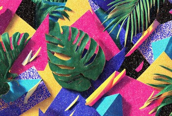 Vibrant & chaotic tropical collage with layered geometric shapes and lush green leaves in pink, blue, yellow and black