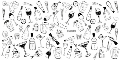 A whimsical hand drawn collection of alcoholic beverages and party drinks scattered across a white background