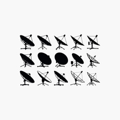 Collection of black satellite dish silhouettes on a white background antenna communication