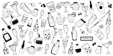 Collection of hand drawn black and white illustrations of various drinks and bar accessories