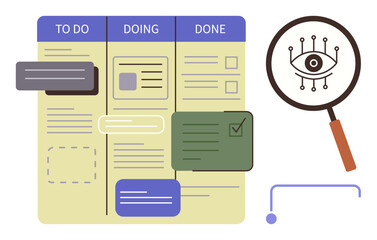 Kanban board columns labeled TO DO, DOING, and DONE display tasks, statuses, and notes. Magnifying glass with a digital eye emphasizes analytics. Ideal for workflow, productivity, project management © robu_s