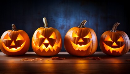 Obraz premium Four Carved Pumpkins With Glowing Orange Faces Showing Mischievous Smiles And Triangular Eyes In A Row