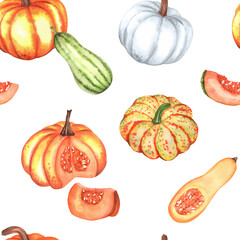 Seamless pattern with orange, yellow, white and green pumpkins, seeds and slices. Butternut squash and gourd. Fall harvest festival. Vegetable garden clipart. Hand-drawn watercolor illustration