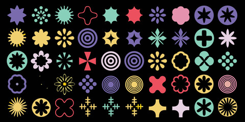 Collection of abstract geometric shapes and floral elements in pastel colors on black background