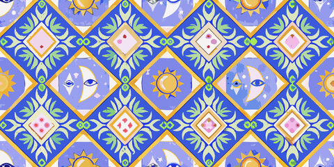 Whimsical celestial pattern with sun moon and eye motifs in blue and yellow diamond shapes