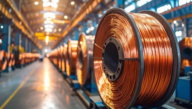 Factory warehouse interior showing production of copper wire and bronze cables neatly wound on large reels, highlighting industrial manufacturing, energy supply, and electrical material processing