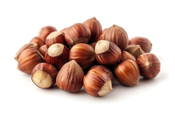 Fototapeta premium Hazelnut Heap Pile of Brown Nuts with Shells on White Backdrop, Food Stock
