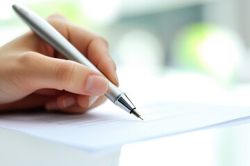 A close-up of a hand holding a silver pen, writing on a white paper.