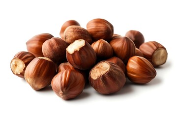 Fototapeta premium Hazelnuts Pile CloseUp on White Background, Unshelled Nuts, Natural Brown Color