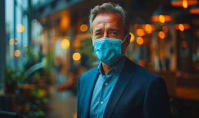 Businessman wearing mask in modern office, concept of workplace hypocrisy, corporate environment, professional attire, evening setting, warm lights, balancing safety and appearance
