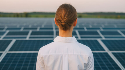A person stands in front of solar panels, gazing at the landscape, embodying a commitment to renewable energy and sustainability.
