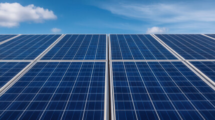 Obraz premium A close-up view of solar panels under a clear blue sky, showcasing renewable energy technology and sustainable practices.
