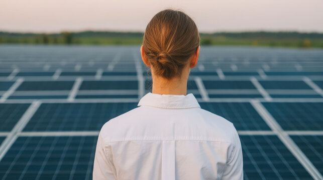A person stands in front of solar panels, gazing at the landscape, embodying a commitment to renewable energy and sustainability.