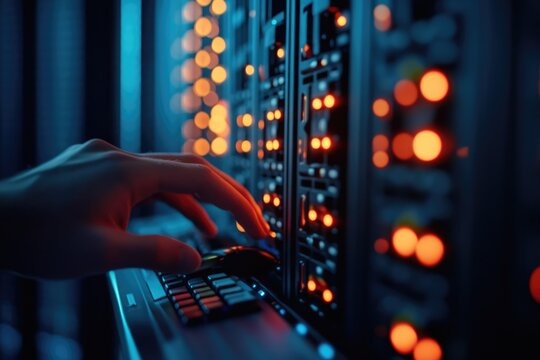 A hand interacts with a server rack, showcasing data center operations and technological advancements.