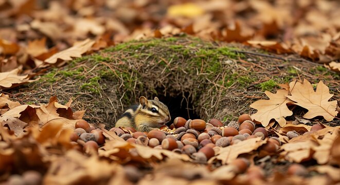 秋葉とドングリに囲まれたシマリスの巣穴写真