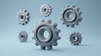 Floating Silver Gears on a Soft Blue Background, Representing Engineering, Technology Solutions, and Industrial Design Concepts in Modern Aesthetics