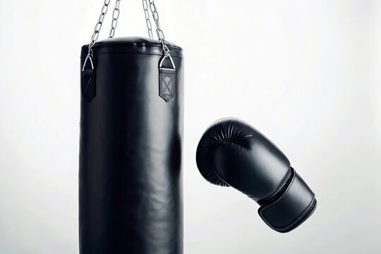 Black punching bag and boxing glove against a white background - Powered by Adobe