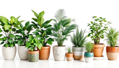 Fototapeta premium Assortment of diverse potted green houseplants and greenery in decorative terracotta, ceramic, and stone containers isolated against bright white backdrop