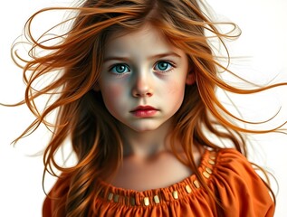 Fototapeta premium Fine art photography, high contrast. Adorable girl with flowing hair, rosy cheeks, freckles, charming dress. Warm terracotta and cool teal tones, dramatic lighting, white background. Full body shot.