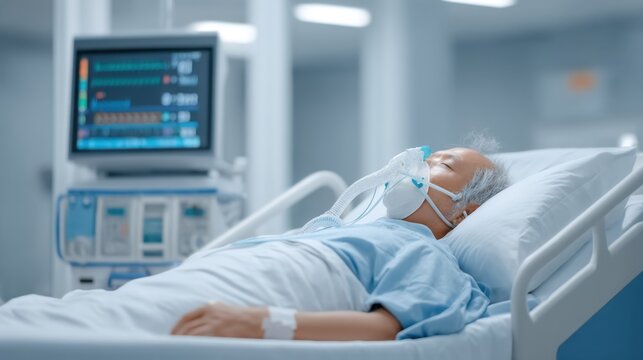 Senior patient resting in hospital bed with oxygen mask and heart monitor displayed in background, conveying medical care and health services in critical condition