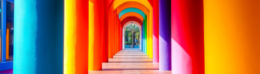 Vibrant colorful corridor with rainbow painted columns and arches in bright sunlight leading to outdoor greenery and palm trees