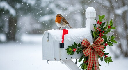 robin bird sitting on a snowy mailbox decorated with holly