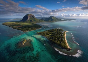 Stunning aerial view of a tropical island surrounded by turquoise water, with a majestic mountain peak under a partly cloudy sky