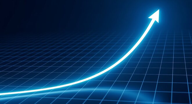 Ascending Arrow of Growth: A glowing, upward-curving arrow, soaring through a sleek blue grid, symbolizes progress and advancement, with the power of inspiration and motivation. 