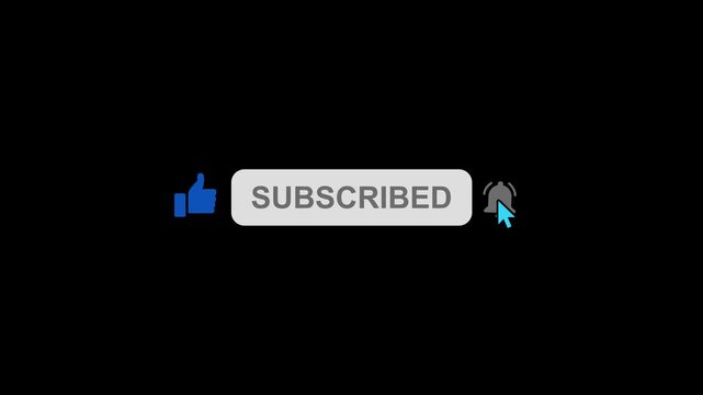 subscribe Pop up youtube  like bell icon and and notification button mouse clicked motion graphic 4k video on transparent alpha background, YouTube Subscribe button with mouse template overlay,