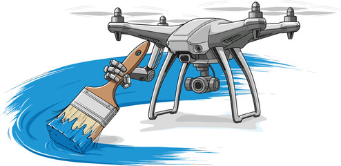 Cartoon drone with robotic arm painting blue streak