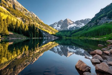 Mountain peaks, snow-capped, reflect in calm water surrounded by green trees, clear sky above, rocks in foreground. Peaceful, serene landscape