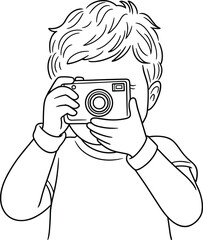 Young boy holding digital camera, taking photo, childhood curiosity, learning photography, creative play, kids with technology, black and white line art illustration