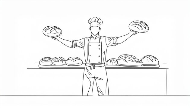 Artisan baker character proudly displaying a bountiful harvest of freshly baked bread loaves in a line art style