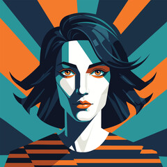 Bold pop art portrait of a woman with intense orange eyes and highcontrast shadows.