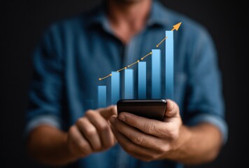 A person with a blue shirt uses a mobile phone with a rising bar graph and arrow overlay, suggesting growth or progress