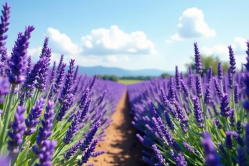 Obraz premium Rows of lavender plants in full bloom, under a clear sky , nature, relaxation