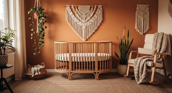 Cozy nursery with crib and macrame decor