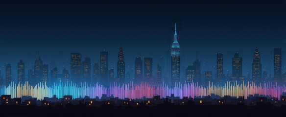 A stylized illustration of a city skyline at night, featuring buildings and colorful light beams over a silhouetted foreground